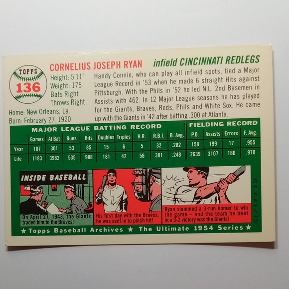 1994 Topps Baseball Archives 1954 Series Connie Ryan Collectors Trading Card - Picture 3 of 5